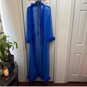 Vibrant Blue Sheer Robe with Feather Accents